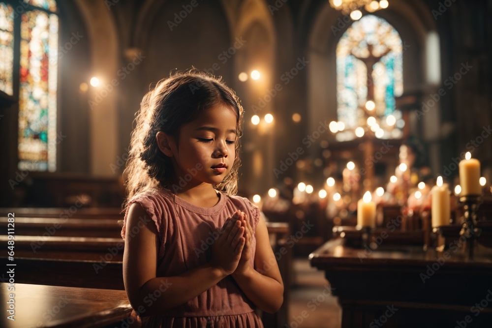 cute small girl praying in the church. ai generative - obrazy, fototapety, plakaty 