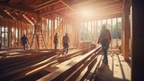Workers inside construction site of family wooden frame house
