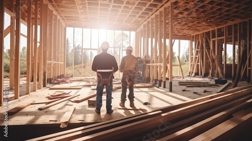 Workers inside construction site of family wooden frame house