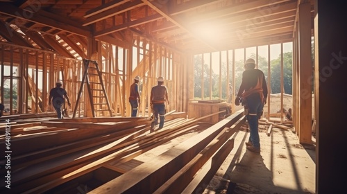 Workers inside construction site of family wooden frame house photo