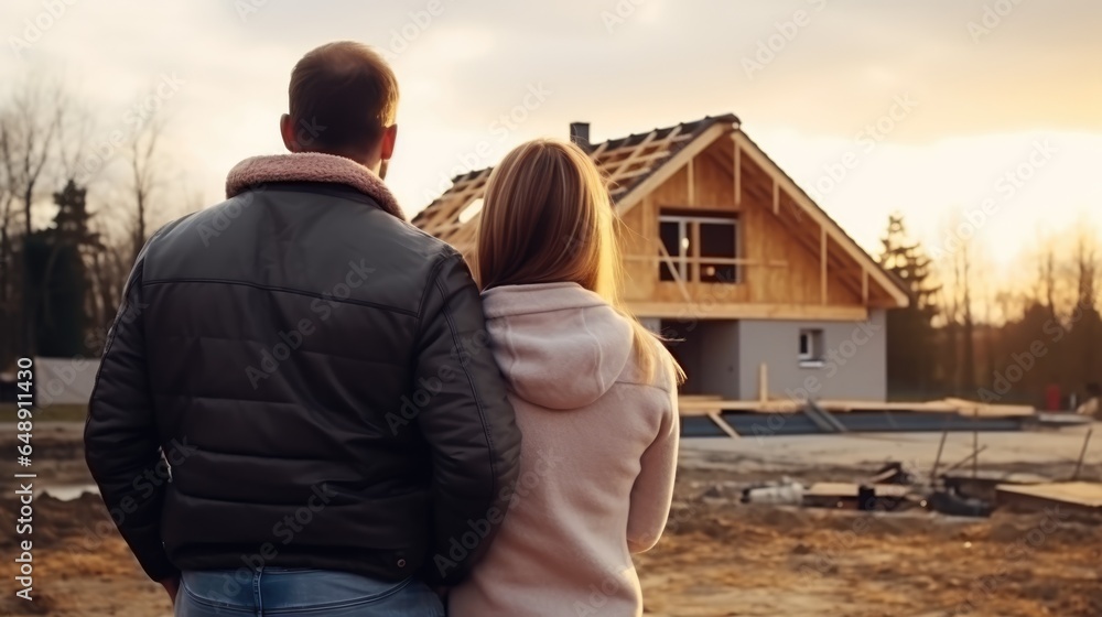 Smiling couple in wooden frame house under construction looking at their future home - obrazy, fototapety, plakaty 
