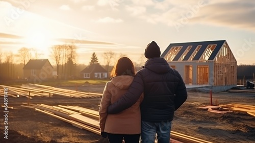 Smiling couple in wooden frame house under construction looking at their future home