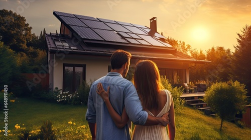 Young couple standing in front of their eco friendly house with solar panels