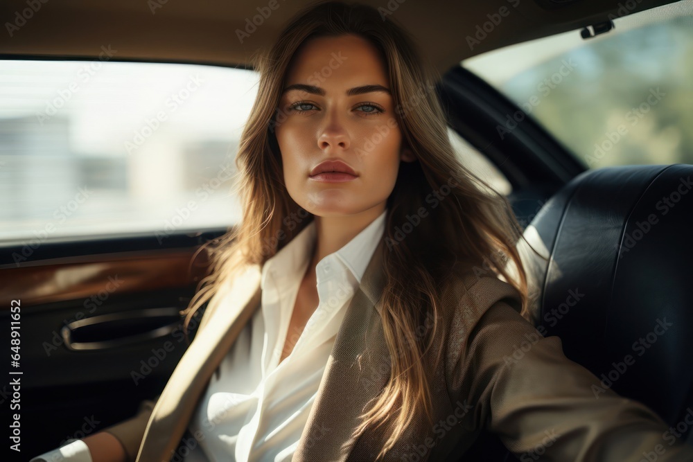 Caucasian Female Good Looking In Luxury Car Background Generative AI