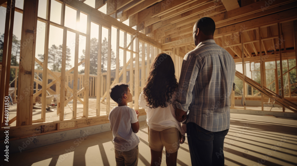 Happy family visiting construction site of their new wooden frame house