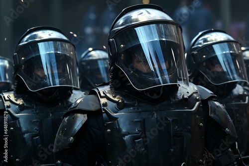 Cyber Army. Masked Armored Riot Police on the streets. Futuristic SWAT.