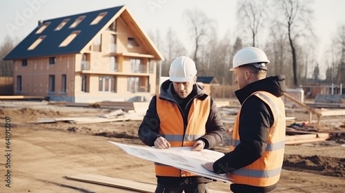 Construction workers at a construction site of wooden frame house talking about plans