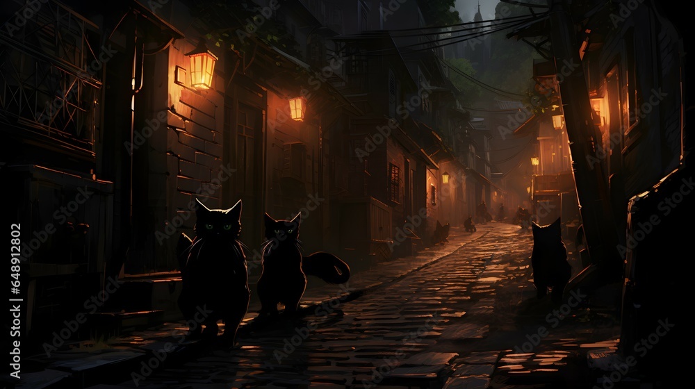 a halloween background with spooky alley filled with black cats