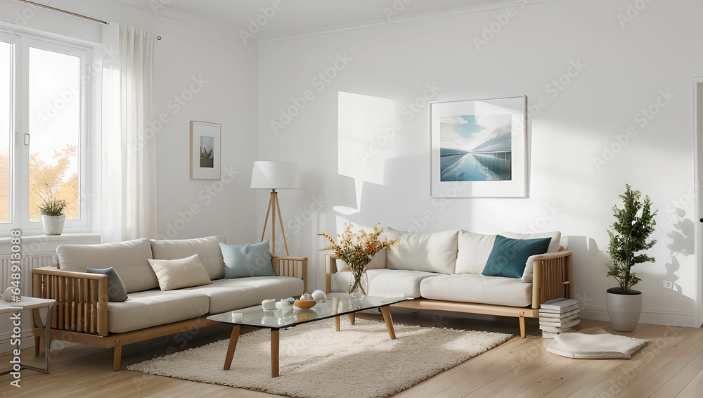 A living room with a modern sense.(home) A view with a sofa and a frame, with an autumn atmosphere, and a neat picture of the interior of the apartment. Generative AI A living room with a modern sense.(home) A view with a sofa and a frame, with an autumn atmosphere, and a neat picture of the interior of the apartment. Generative AI
