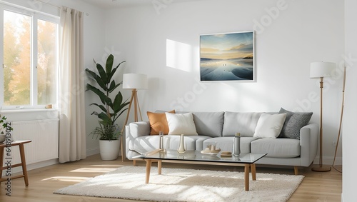 A living room with a modern sense. home  A view with a sofa and a frame  with an autumn atmosphere  and a neat picture of the interior of the apartment. Generative AI