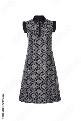 Cocktail dress in black fabric with embroidery on a white background