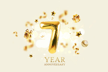Gold festive balloons 7 year anniversary with golden confetti, presents, mirror ball and stars fly on a beige background with bokeh lights and sparks. Birthday luxury seven card, a creative idea