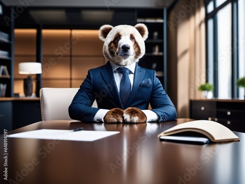 generative AI bear in the office Suited and Seated talking about business