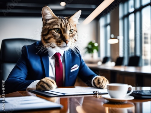 generative AI Animal CEO A Power Lunch in Progress, cat Suited and Seated talking about business