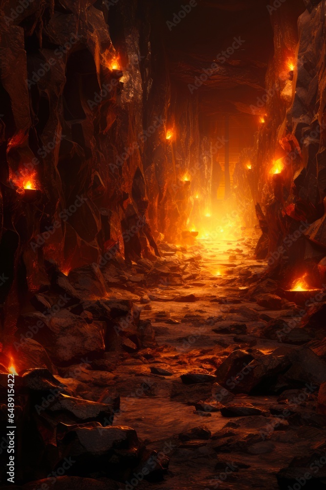 Fantasy Mine Corridor with Burning Torches and Rubble. Dark Passage with Colorful Debris and Stone Illustration Fantasy Mine Corridor with Burning Torches and Rubble. Dark Passage with Colorful Debris and Stone Illustration