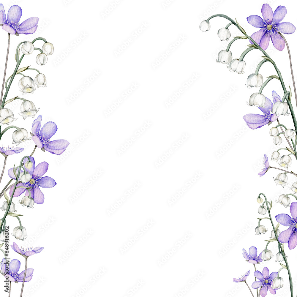 Frame watercolor spring flowers. Coppice, hepatica - first spring flowers. Spring lily of the valley Illustration of delicate lilac flowers. Hand drawn  with white and violet flowers