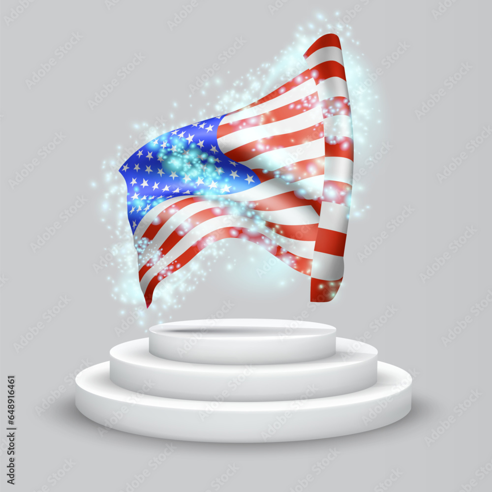 USA, America, vector 3d flag on the podium surrounded by a whirlwind of ...