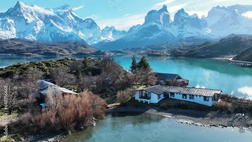 Country House At Torres Del Paine Puerto Natales Chile. Forest Landscape Torres Del Paine Puerto Natales. Sun Tourism Ranch Mountains. Sun Glacier Ranch Lakeshore Outdoor. photo