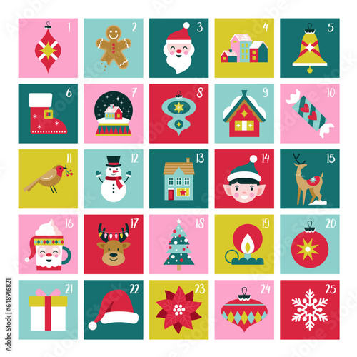 Christmas cute advent calendar with minimal icons set. Template print for greeting cards and stickers. Vector illustration