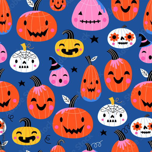 Seamless pattern background design for Halloween holiday with cute jack o lantern pumpkins. Template print for cards, wrapping paper and packaging. Vector illustration