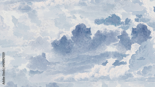 A dreamy watercolor background of fluffy, billowing clouds in a pale blue sky