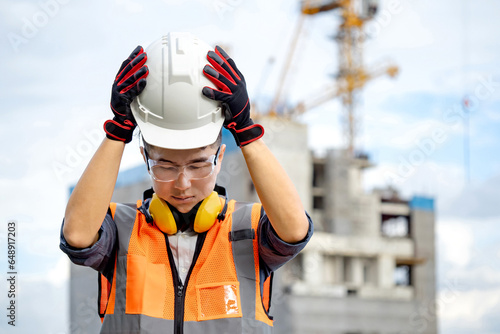 Asian site engineer man or foreman with orange reflective vest, protective goggles, ear muffs wearing safety helmet at construction site. Male worker uniform for working safely