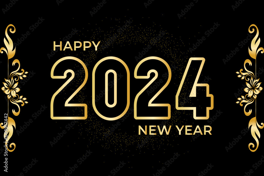 Happy New  Year black and gold vector calligraphy banner.