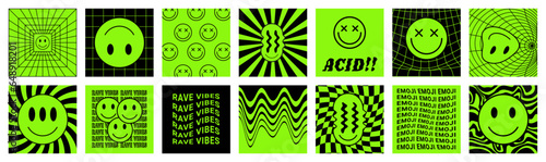 Trippy smiles. Y2k face emoji. Acid rave art. Cool graphic print with text. Toxic crazy emoticon. Aliens smiley. Glitch and melt design. Neon green labels. Psychedelic stickers vector set