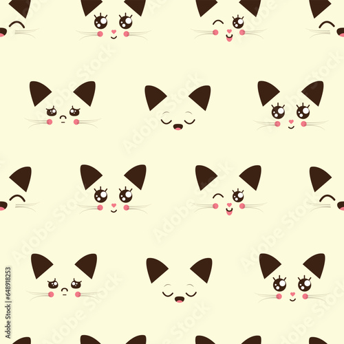 Fototapeta Naklejka Na Ścianę i Meble -  Seamless pattern with cat face in kawaii style with different emotions. Baby vector design