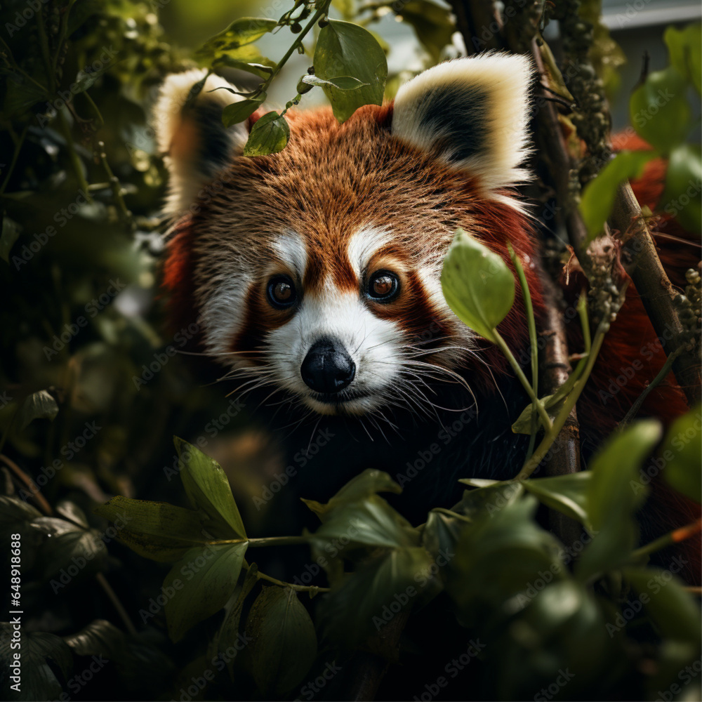 Naklejka premium Red Panda Sitting Under Bamboo Plant in Natural Habitat