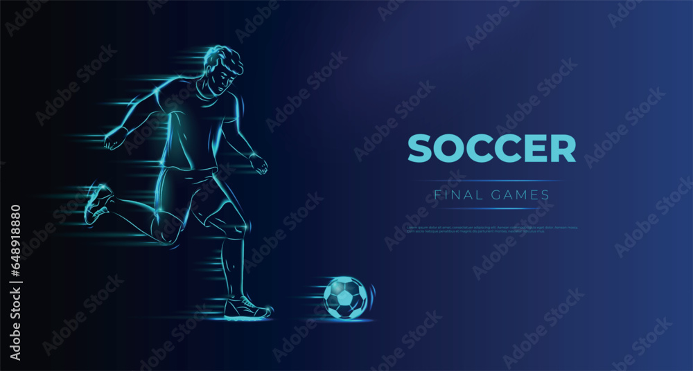 Fototapeta premium Soccer player. Man playing with ball. Glowing neon sportsman silhouette. Footballers action. Sport competition. Football match. Goal shot in game. Pass in motion. Vector background