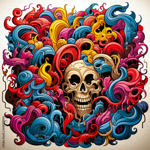 creepy skull with thick swirls of colorful paint