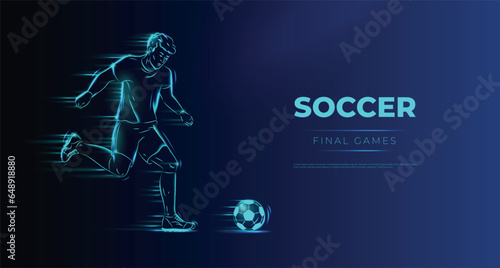 Soccer player. Man playing with ball. Glowing neon sportsman silhouette. Footballers action. Sport competition. Football match. Goal shot in game. Pass in motion. Vector background