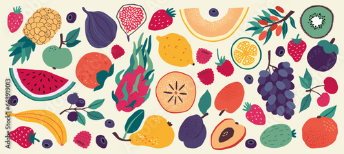 Doodle fruits. Summer icons, fresh apple and strawberry, orange and lemon, cherry and grape. Exotic dragonfruit and pineapple. Sweet tropical food. Cartoon flat isolated illustration. Vector set