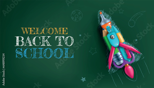 Back to school. Rocket launch. Stationery tools for learning. Kids items with space for text. Chalk drawing at blackboard. Pen and pencils. Children education. Vector welcome banner