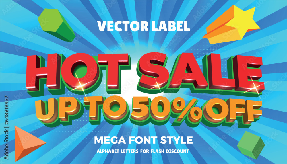Hot sale. 3D shopping discount. Font template for big title. Typography banner. Radial beams effect. Bold text type. Stars or geometric shapes. Promotion background. Vector label design