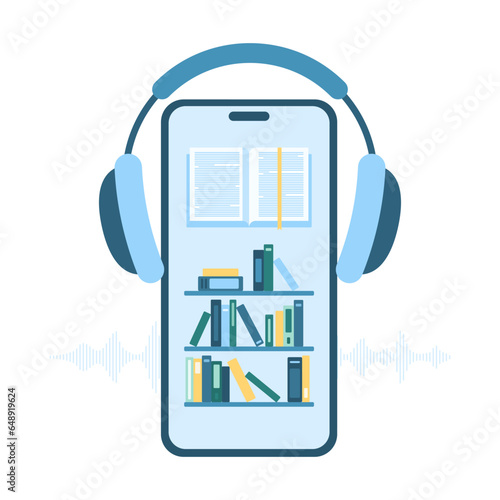 Audiobook and headphones to listen MP3 sound, ebook and guide vector illustration. Cartoon isolated mobile phone with earphones and audiobook online app, book store or library shelves on screen