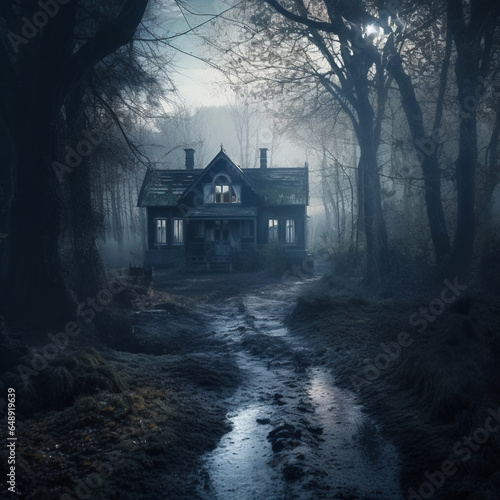 gloomy abandoned house in forest after rain