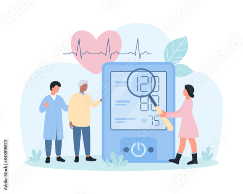 Arterial hypertension, cardiovascular system checkup vector illustration. Cartoon tiny doctors measuring blood pressure of patient using electronic device, people check readings with magnifying glass