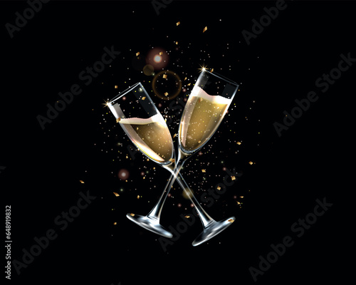 Wine glass. Congratulatory toast, gold champagne drink isolated on black background, golden glitter for new year party night. Elegant luxury wineglasses. Vector bokeh, 3d illustration