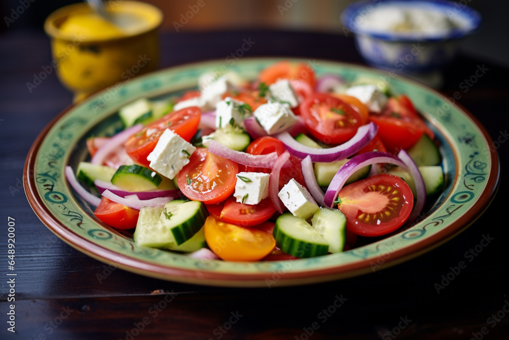 Plate with traditional Greek salad. A dish from a restaurant menu.
