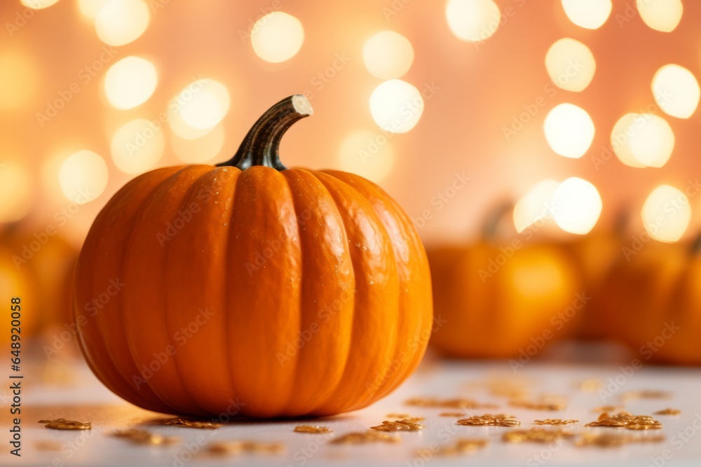 Thanksgiving Pumpkin on a Table with Scattered Cornflakes, Blurred Bright Lights Backdrop, Festive Background with Copy Space for Display or Mockup Thanksgiving Pumpkin on a Table with Scattered Cornflakes, Blurred Bright Lights Backdrop, Festive Background with Copy Space for Display or Mockup