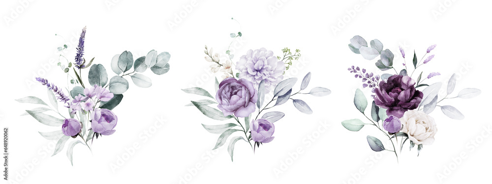 Watercolor floral bouquet illustration set - violet purple blue flower green leaf leaves branches bouquets collection. Wedding stationary, greetings, wallpapers, fashion, background. - obrazy, fototapety, plakaty 