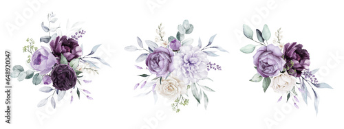 Watercolor floral bouquet illustration set - violet purple blue flower green leaf leaves branches bouquets collection. Wedding stationary, greetings, wallpapers, fashion, background.