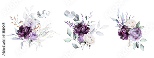 Watercolor floral bouquet illustration set - violet purple blue gold flower green leaf leaves branches bouquets collection. Wedding stationary  greetings  wallpapers  fashion  background.