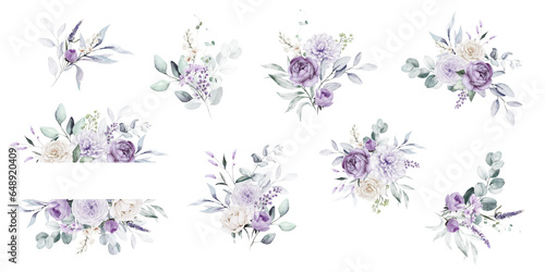 Watercolor floral illustration bouquet set collection blue violet purple green frame, border, bouquet; wedding stationary, greetings, wallpaper, fashion, posters background. Leaves, rose.