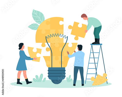 Teamwork to develop creative idea, insight vector illustration. Cartoon tiny people build light bulb from puzzle pieces, collaboration of inventors group to create success innovation together
