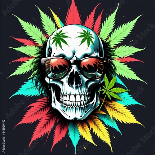 skull with cannabis and glasses print on a T-shirt bright illustration created with generative AI software
