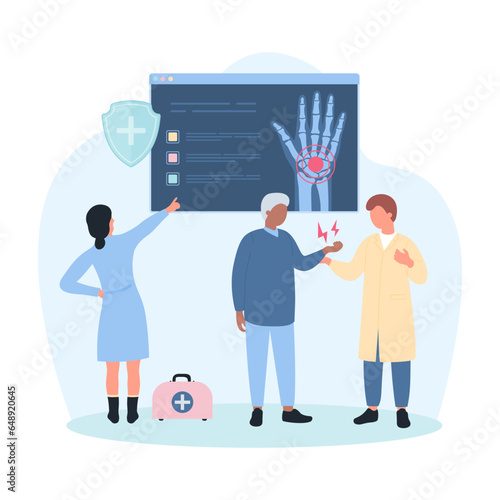 Help and medical diagnosis of orthopedic problems in elderly vector illustration. Cartoon tiny people diagnose hand joint disease by xray, old man suffering from wrist pain and arthritis disease