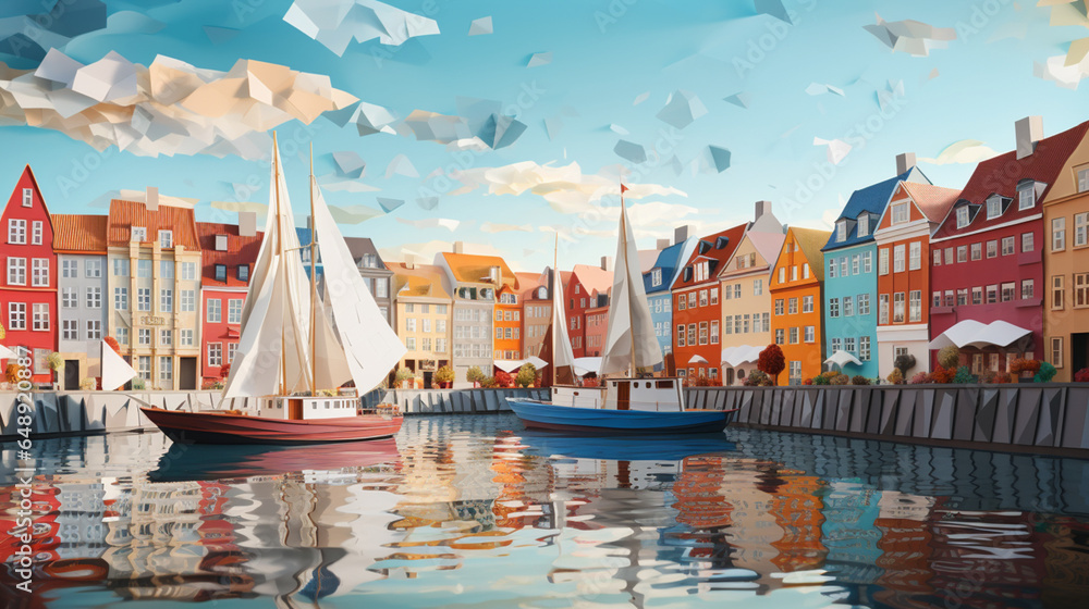 Paper art and craft design with river and sailboat in Copenhagen Denmark. Created using generative AI. - obrazy, fototapety, plakaty 